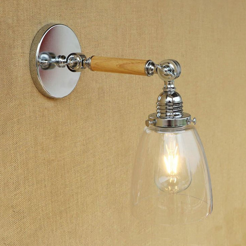 Single Bulb Wall Sconce Lighting with Dome Shade Clear Glass Industrial Living Room Light Fixture, 8"/4"/6" L Wooden Arm Clearhalo 'Cast Iron' 'Glass' 'Industrial wall lights' 'Industrial' 'Middle century wall lights' 'Modern' 'Tiffany' 'Traditional wall lights' 'Wall Lamps & Sconces' 'Wall Lights' Lighting' 1416216