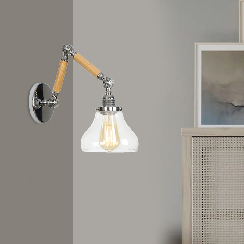 Gourd Living Room Wall Light Fixture Industrial Clear Glass 1 Light Chrome Sconce Lamp with 8"+8"/6"+6"/8"+4" Wooden Arm Clearhalo 'Cast Iron' 'Glass' 'Industrial wall lights' 'Industrial' 'Middle century wall lights' 'Modern' 'Tiffany' 'Traditional wall lights' 'Wall Lamps & Sconces' 'Wall Lights' Lighting' 1416225