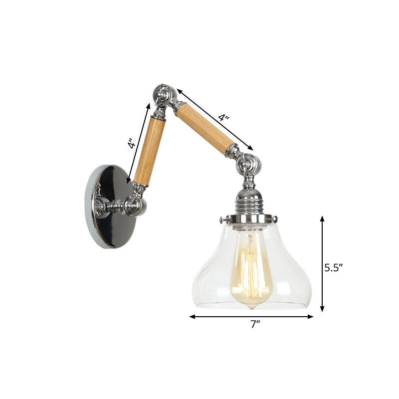 Gourd Living Room Wall Light Fixture Industrial Clear Glass 1 Light Chrome Sconce Lamp with 8"+8"/6"+6"/8"+4" Wooden Arm Clearhalo 'Cast Iron' 'Glass' 'Industrial wall lights' 'Industrial' 'Middle century wall lights' 'Modern' 'Tiffany' 'Traditional wall lights' 'Wall Lamps & Sconces' 'Wall Lights' Lighting' 1416227