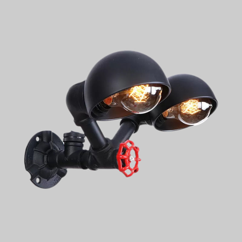 Metallic Dome Shade Wall Light Antique Style 2 Lights Corridor Sconce Light Fixture with Pipe Design in Black Clearhalo 'Art deco wall lights' 'Cast Iron' 'Glass' 'Industrial wall lights' 'Industrial' 'Middle century wall lights' 'Modern' 'Rustic wall lights' 'Tiffany' 'Traditional wall lights' 'Wall Lamps & Sconces' 'Wall Lights' Lighting' 1416257