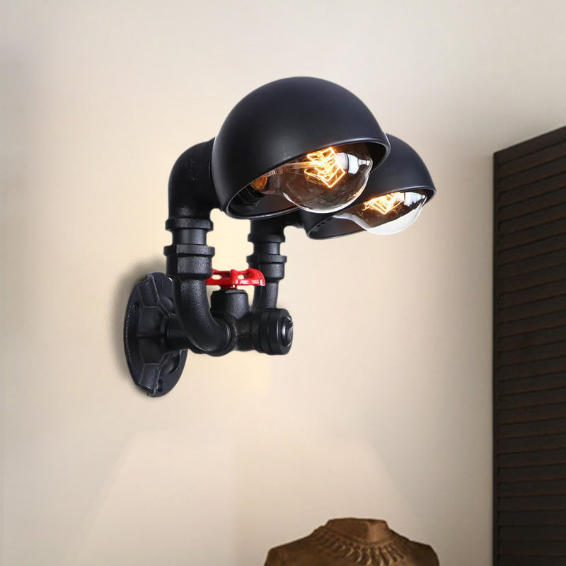 Metallic Dome Shade Wall Light Antique Style 2 Lights Corridor Sconce Light Fixture with Pipe Design in Black Clearhalo 'Art deco wall lights' 'Cast Iron' 'Glass' 'Industrial wall lights' 'Industrial' 'Middle century wall lights' 'Modern' 'Rustic wall lights' 'Tiffany' 'Traditional wall lights' 'Wall Lamps & Sconces' 'Wall Lights' Lighting' 1416258