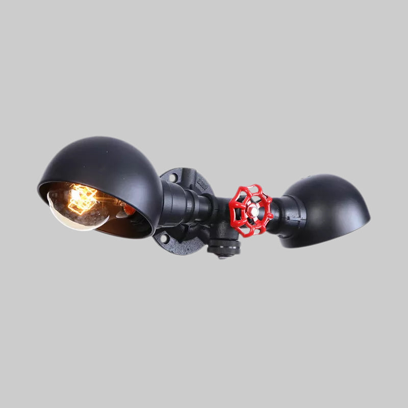Domed Metal Wall Lamp Farmhouse Style 2 Lights Living Room Black Wall Mount Light with Valve Wheel Deco Clearhalo 'Art deco wall lights' 'Cast Iron' 'Glass' 'Industrial wall lights' 'Industrial' 'Middle century wall lights' 'Modern' 'Rustic wall lights' 'Tiffany' 'Traditional wall lights' 'Wall Lamps & Sconces' 'Wall Lights' Lighting' 1416260