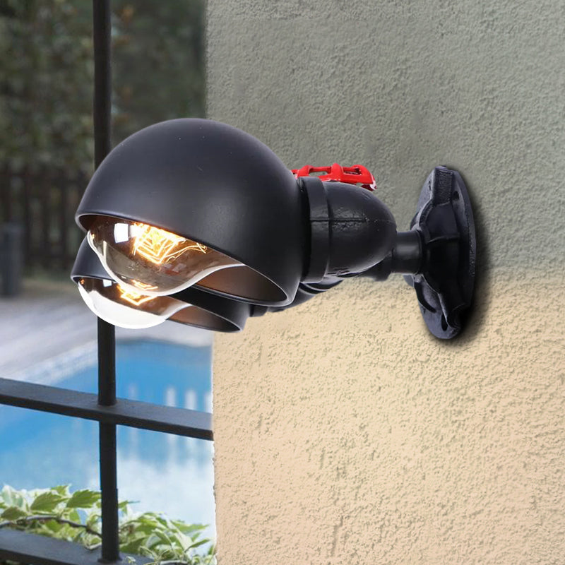 Domed Metal Wall Lamp Farmhouse Style 2 Lights Living Room Black Wall Mount Light with Valve Wheel Deco Clearhalo 'Art deco wall lights' 'Cast Iron' 'Glass' 'Industrial wall lights' 'Industrial' 'Middle century wall lights' 'Modern' 'Rustic wall lights' 'Tiffany' 'Traditional wall lights' 'Wall Lamps & Sconces' 'Wall Lights' Lighting' 1416261