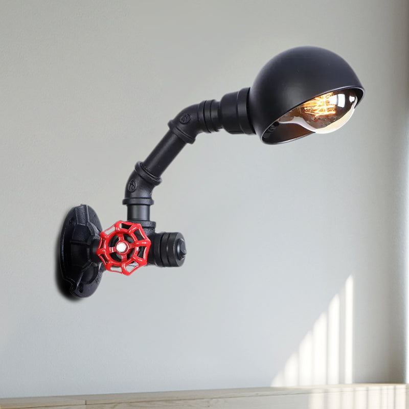 Black Water Pipe Wall Lighting with Dome Shade and Red Valve Vintage Iron 1 Bulb Stairway Wall Fixture Light Clearhalo 'Art deco wall lights' 'Cast Iron' 'Glass' 'Industrial wall lights' 'Industrial' 'Middle century wall lights' 'Modern' 'Rustic wall lights' 'Tiffany' 'Traditional wall lights' 'Wall Lamps & Sconces' 'Wall Lights' Lighting' 1416286