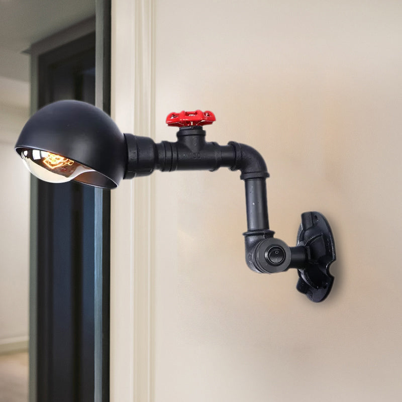 Vintage Style Pipe Wall Light Sconce with Dome Shade and Valve Wheel 1 Light Metallic Wall Fixture Light in Black Clearhalo 'Art deco wall lights' 'Cast Iron' 'Glass' 'Industrial wall lights' 'Industrial' 'Middle century wall lights' 'Modern' 'Rustic wall lights' 'Tiffany' 'Traditional wall lights' 'Wall Lamps & Sconces' 'Wall Lights' Lighting' 1416289