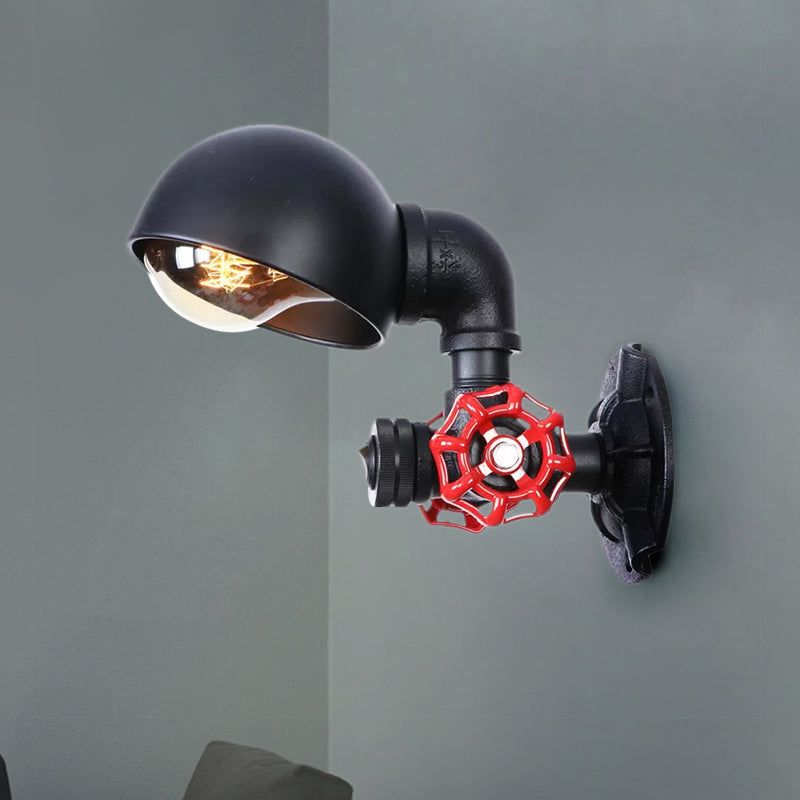 Vintage Style Pipe Wall Light Sconce with Dome Shade and Valve Wheel 1 Light Metallic Wall Fixture Light in Black Clearhalo 'Art deco wall lights' 'Cast Iron' 'Glass' 'Industrial wall lights' 'Industrial' 'Middle century wall lights' 'Modern' 'Rustic wall lights' 'Tiffany' 'Traditional wall lights' 'Wall Lamps & Sconces' 'Wall Lights' Lighting' 1416291