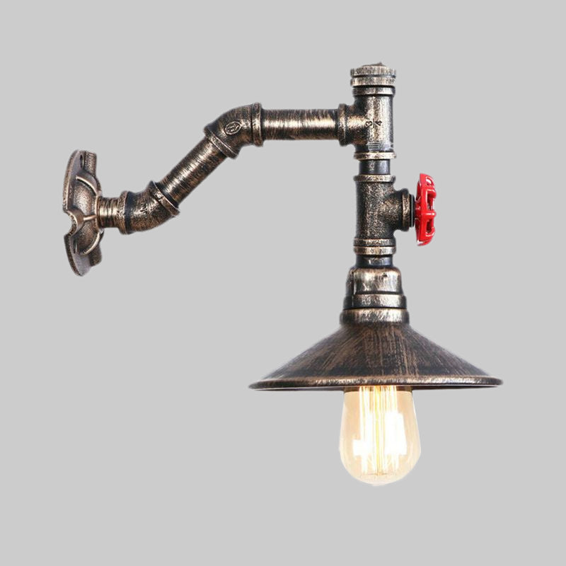 1 Bulb Conical Wall Mount Fixture Rustic Style Antique Bronze Metal Wall Lighting with Plumbing Pipe Clearhalo 'Art deco wall lights' 'Cast Iron' 'Glass' 'Industrial wall lights' 'Industrial' 'Middle century wall lights' 'Modern' 'Rustic wall lights' 'Tiffany' 'Traditional wall lights' 'Wall Lamps & Sconces' 'Wall Lights' Lighting' 1416301
