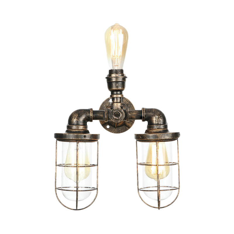 3 Heads Water Pipe Wall Mount Fixture with Cage Shade Nautical Style Antique Brass Iron Wall Lighting Clearhalo 'Art deco wall lights' 'Cast Iron' 'Glass' 'Industrial wall lights' 'Industrial' 'Middle century wall lights' 'Modern' 'Rustic wall lights' 'Tiffany' 'Traditional wall lights' 'Wall Lamps & Sconces' 'Wall Lights' Lighting' 1416305