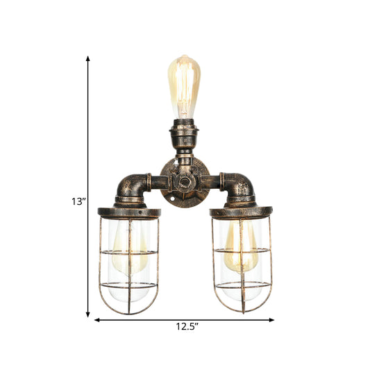 3 Heads Water Pipe Wall Mount Fixture with Cage Shade Nautical Style Antique Brass Iron Wall Lighting Clearhalo 'Art deco wall lights' 'Cast Iron' 'Glass' 'Industrial wall lights' 'Industrial' 'Middle century wall lights' 'Modern' 'Rustic wall lights' 'Tiffany' 'Traditional wall lights' 'Wall Lamps & Sconces' 'Wall Lights' Lighting' 1416306