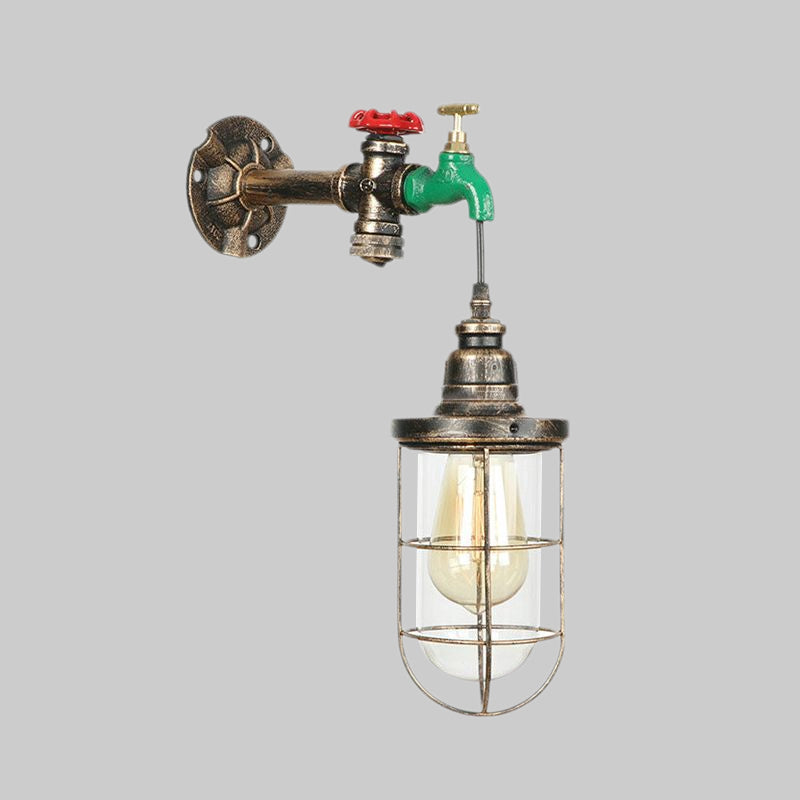 Faucet Design Metal Wall Lamp Steampunk Style 1 Bulb Balcony Wall Sconce with Wire Guard in Antique Bronze Clearhalo 'Art deco wall lights' 'Cast Iron' 'Glass' 'Industrial wall lights' 'Industrial' 'Middle century wall lights' 'Modern' 'Rustic wall lights' 'Tiffany' 'Traditional wall lights' 'Wall Lamps & Sconces' 'Wall Lights' Lighting' 1416307