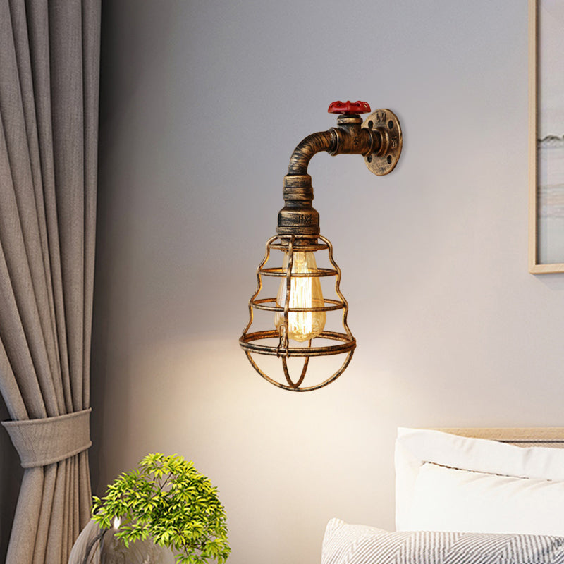 1 Head Cage Bulb Shaped Wall Lamp Farmhouse Style Aged Bronze Iron Wall Sconce with Valve Wheel Clearhalo 'Art deco wall lights' 'Cast Iron' 'Glass' 'Industrial wall lights' 'Industrial' 'Middle century wall lights' 'Modern' 'Rustic wall lights' 'Tiffany' 'Traditional wall lights' 'Wall Lamps & Sconces' 'Wall Lights' Lighting' 1416309