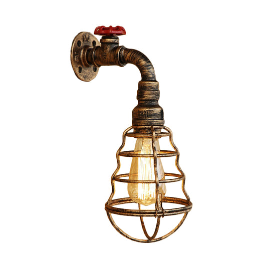 1 Head Cage Bulb Shaped Wall Lamp Farmhouse Style Aged Bronze Iron Wall Sconce with Valve Wheel Clearhalo 'Art deco wall lights' 'Cast Iron' 'Glass' 'Industrial wall lights' 'Industrial' 'Middle century wall lights' 'Modern' 'Rustic wall lights' 'Tiffany' 'Traditional wall lights' 'Wall Lamps & Sconces' 'Wall Lights' Lighting' 1416310
