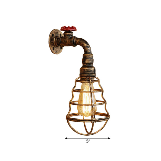 1 Head Cage Bulb Shaped Wall Lamp Farmhouse Style Aged Bronze Iron Wall Sconce with Valve Wheel Clearhalo 'Art deco wall lights' 'Cast Iron' 'Glass' 'Industrial wall lights' 'Industrial' 'Middle century wall lights' 'Modern' 'Rustic wall lights' 'Tiffany' 'Traditional wall lights' 'Wall Lamps & Sconces' 'Wall Lights' Lighting' 1416312