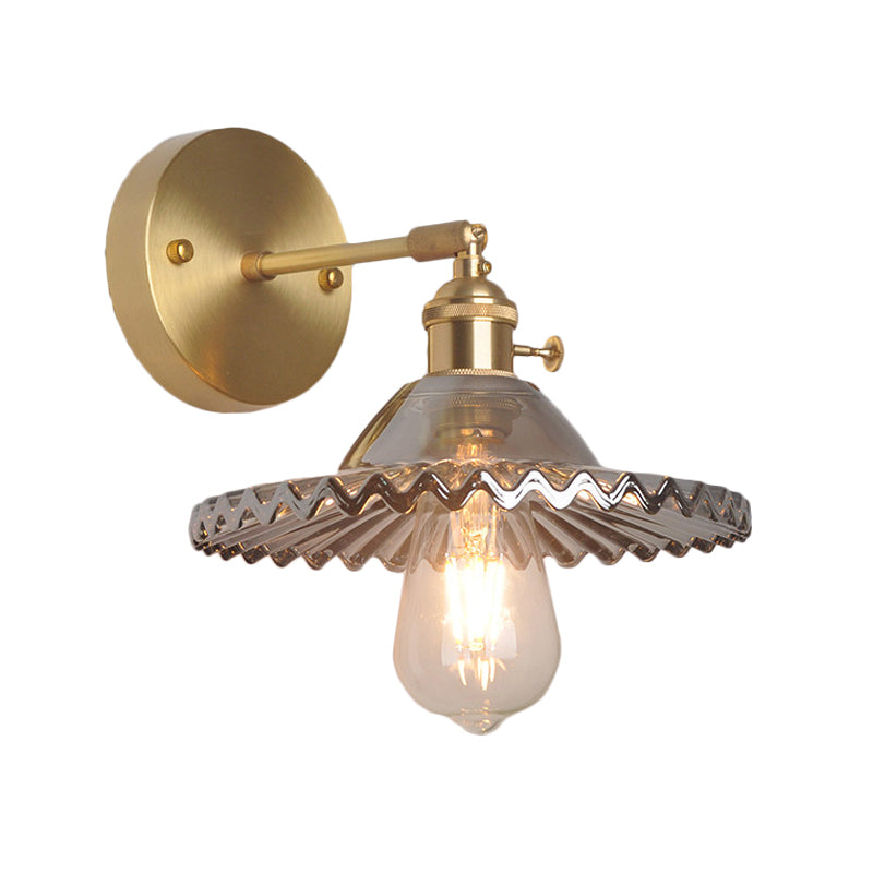 Brass Scalloped Wall Lighting Industrial Smoked Glass 1 Light Living Room Sconce Light Fixture Clearhalo 'Cast Iron' 'Glass' 'Industrial wall lights' 'Industrial' 'Middle century wall lights' 'Modern' 'Tiffany' 'Traditional wall lights' 'Wall Lamps & Sconces' 'Wall Lights' Lighting' 1416345