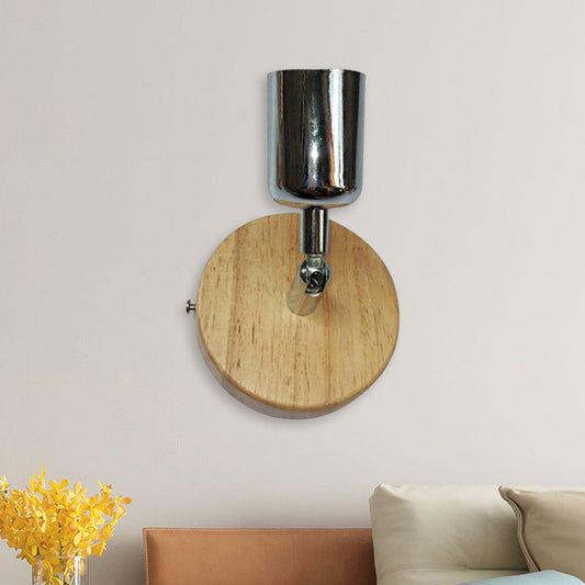 Cup Shaped Metal Wall Lamp Lodge 1 Light Living Room Wall Mount Fixture with Circular Wooden Backplate in Silver/Gold Clearhalo 'Industrial wall lights' 'Industrial' 'Middle century wall lights' 'Rustic wall lights' 'Tiffany' 'Wall Lamps & Sconces' 'Wall Lights' Lighting' 1416362