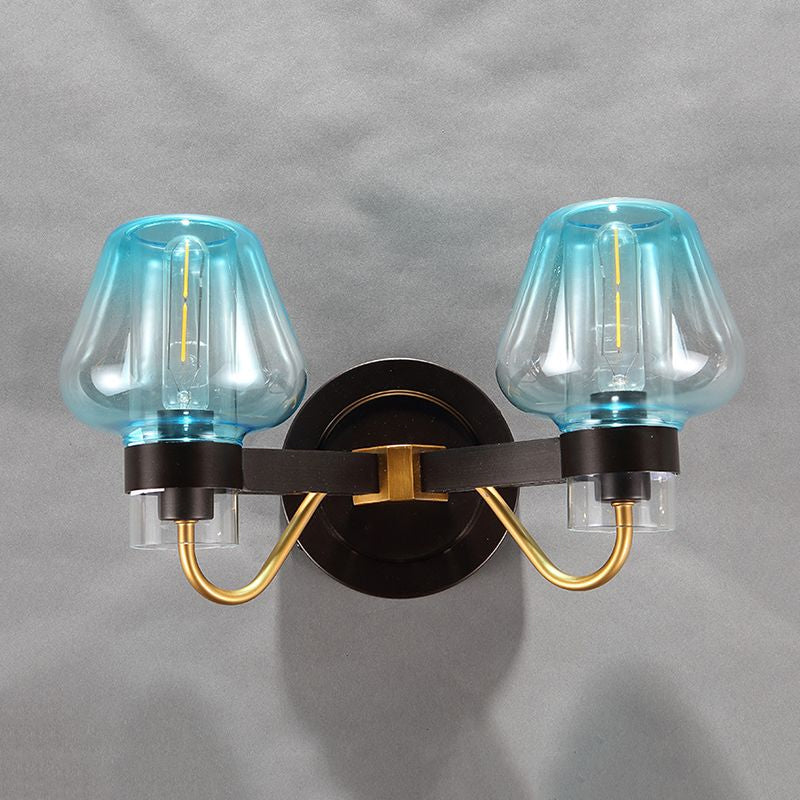 Mushroom Blue Glass Wall Mounted Lamp Modern 2 Bulbs Bedroom Sconce Light in Black Clearhalo 'Cast Iron' 'Glass' 'Industrial' 'Modern wall lights' 'Modern' 'Tiffany' 'Traditional wall lights' 'Wall Lamps & Sconces' 'Wall Lights' Lighting' 1416365