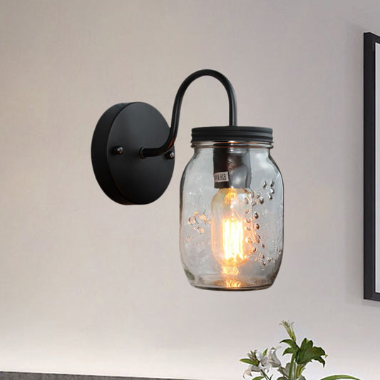 Black Jar Shade Wall Lighting Industrial Clear Glass 1 Light Bedroom Sconce Light Fixture with Flower Grain Clearhalo 'Cast Iron' 'Glass' 'Industrial' 'Modern wall lights' 'Modern' 'Tiffany' 'Traditional wall lights' 'Wall Lamps & Sconces' 'Wall Lights' Lighting' 1416366