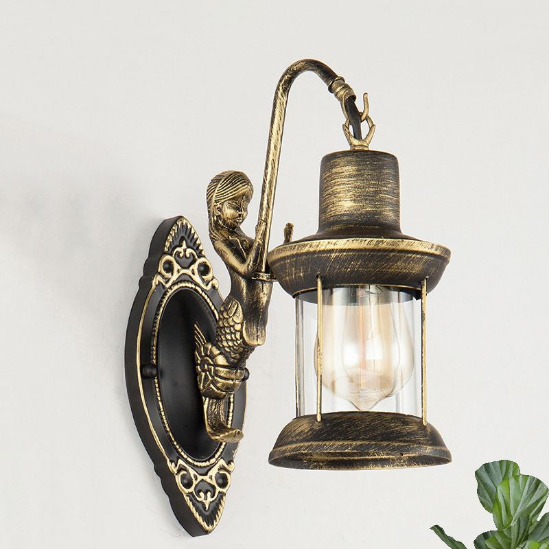 Clear Glass Bronze Sconce Light Lantern 1-Light Industrial Wall Lamp Fixture with Mermaid Decoration Clearhalo 'Art deco wall lights' 'Cast Iron' 'Glass' 'Industrial wall lights' 'Industrial' 'Middle century wall lights' 'Modern' 'Rustic wall lights' 'Tiffany' 'Traditional wall lights' 'Wall Lamps & Sconces' 'Wall Lights' Lighting' 1416368