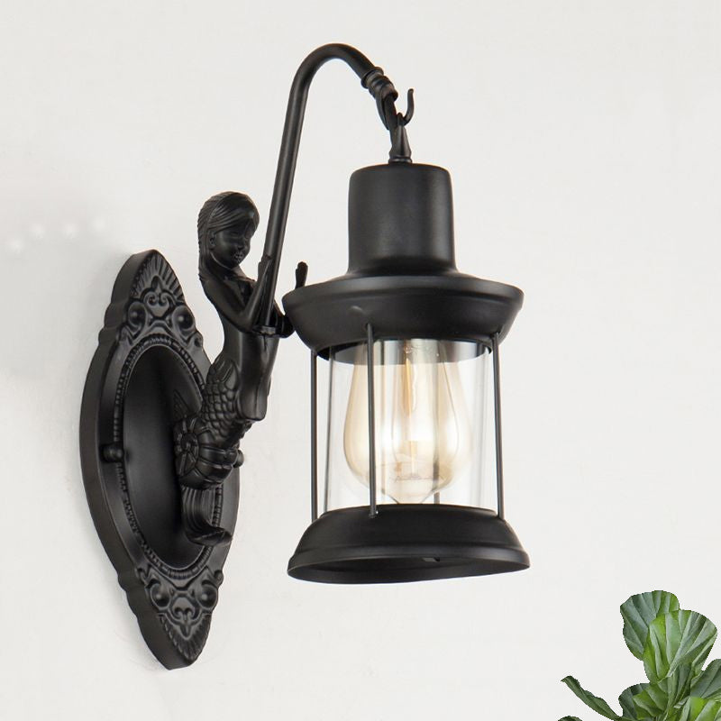1 Light Clear Glass Wall Sconce Light Industrial Black Lantern Outdoor Lighting Fixture with Mermaid Decoration Clearhalo 'Art deco wall lights' 'Cast Iron' 'Glass' 'Industrial wall lights' 'Industrial' 'Middle century wall lights' 'Modern' 'Rustic wall lights' 'Tiffany' 'Traditional wall lights' 'Wall Lamps & Sconces' 'Wall Lights' Lighting' 1416369