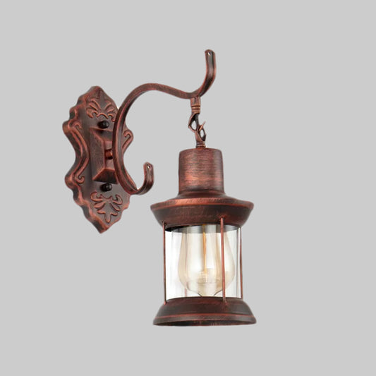 Weathered Copper One Light Sconce Light Rustic Style Clear Glass Kerosene Lighting Fixture Clearhalo 'Art deco wall lights' 'Cast Iron' 'Glass' 'Industrial wall lights' 'Industrial' 'Middle century wall lights' 'Modern' 'Rustic wall lights' 'Tiffany' 'Traditional wall lights' 'Wall Lamps & Sconces' 'Wall Lights' Lighting' 1416370