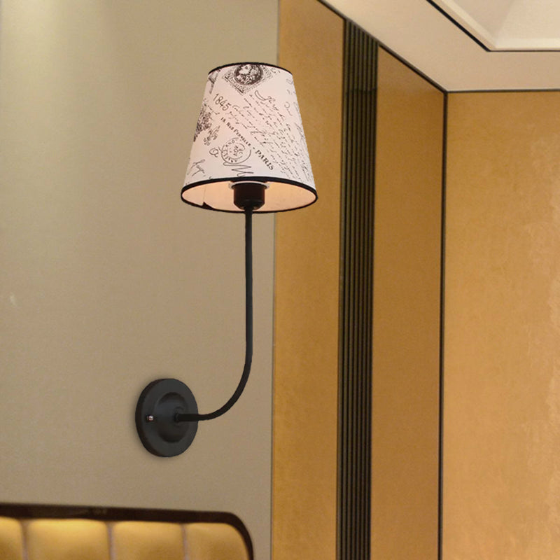 Vintage Conical Wall Lamp 1 Head Fabric and Metal Wall Mount Fixture with Curved Arm in White Clearhalo 'Industrial wall lights' 'Industrial' 'Middle century wall lights' 'Rustic wall lights' 'Tiffany' 'Wall Lamps & Sconces' 'Wall Lights' Lighting' 1416377