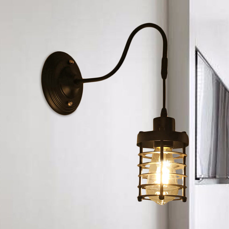 Metal Cylinder/Hexagon Caged Wall Hanging Light Farmhouse 1 Bulb Restaurant Wall Mount Fixture in Black Clearhalo 'Art deco wall lights' 'Cast Iron' 'Glass' 'Industrial wall lights' 'Industrial' 'Middle century wall lights' 'Modern' 'Rustic wall lights' 'Tiffany' 'Traditional wall lights' 'Wall Lamps & Sconces' 'Wall Lights' Lighting' 1416399