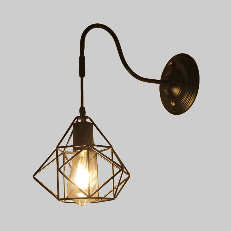 Metal Cylinder/Hexagon Caged Wall Hanging Light Farmhouse 1 Bulb Restaurant Wall Mount Fixture in Black Clearhalo 'Art deco wall lights' 'Cast Iron' 'Glass' 'Industrial wall lights' 'Industrial' 'Middle century wall lights' 'Modern' 'Rustic wall lights' 'Tiffany' 'Traditional wall lights' 'Wall Lamps & Sconces' 'Wall Lights' Lighting' 1416401