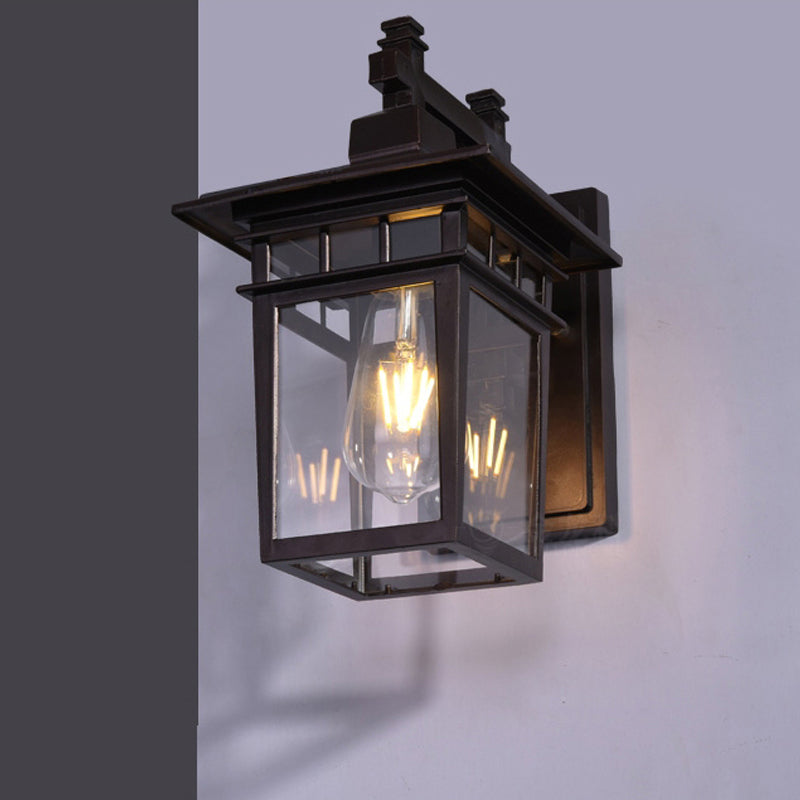 Lantern Clear Glass Wall Hanging Light Industrial Single Bulb Porch Sconce Lamp in Black Clearhalo 'Cast Iron' 'Glass' 'Industrial wall lights' 'Industrial' 'Middle century wall lights' 'Modern' 'Tiffany' 'Traditional wall lights' 'Wall Lamps & Sconces' 'Wall Lights' Lighting' 1416408