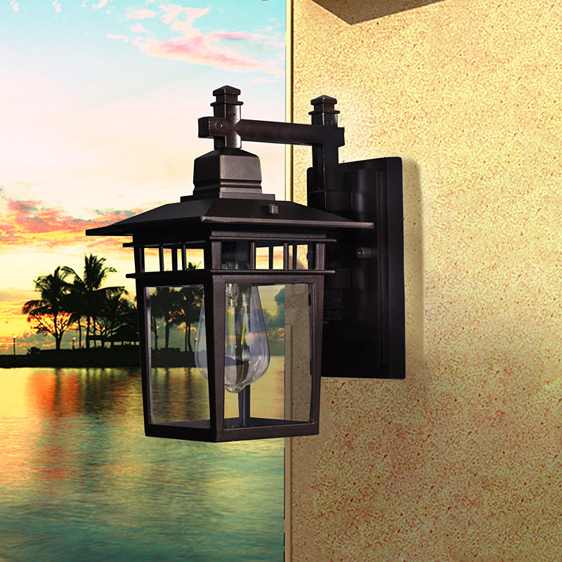 Lantern Clear Glass Wall Hanging Light Industrial Single Bulb Porch Sconce Lamp in Black Clearhalo 'Cast Iron' 'Glass' 'Industrial wall lights' 'Industrial' 'Middle century wall lights' 'Modern' 'Tiffany' 'Traditional wall lights' 'Wall Lamps & Sconces' 'Wall Lights' Lighting' 1416409