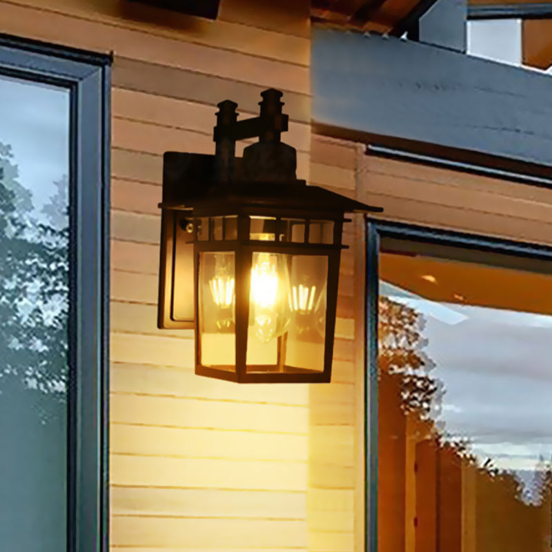 Lantern Clear Glass Wall Hanging Light Industrial Single Bulb Porch Sconce Lamp in Black Clearhalo 'Cast Iron' 'Glass' 'Industrial wall lights' 'Industrial' 'Middle century wall lights' 'Modern' 'Tiffany' 'Traditional wall lights' 'Wall Lamps & Sconces' 'Wall Lights' Lighting' 1416410
