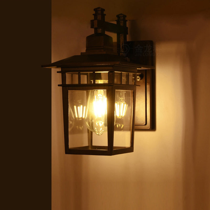 Lantern Clear Glass Wall Hanging Light Industrial Single Bulb Porch Sconce Lamp in Black Clearhalo 'Cast Iron' 'Glass' 'Industrial wall lights' 'Industrial' 'Middle century wall lights' 'Modern' 'Tiffany' 'Traditional wall lights' 'Wall Lamps & Sconces' 'Wall Lights' Lighting' 1416411