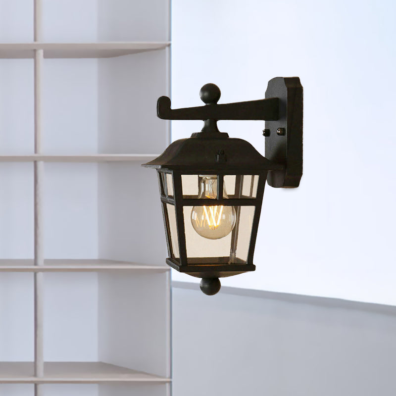 Lantern Clear Glass Wall Hanging Light Industrial Single Bulb Porch Sconce Lamp in Black Clearhalo 'Cast Iron' 'Glass' 'Industrial wall lights' 'Industrial' 'Middle century wall lights' 'Modern' 'Tiffany' 'Traditional wall lights' 'Wall Lamps & Sconces' 'Wall Lights' Lighting' 1416412