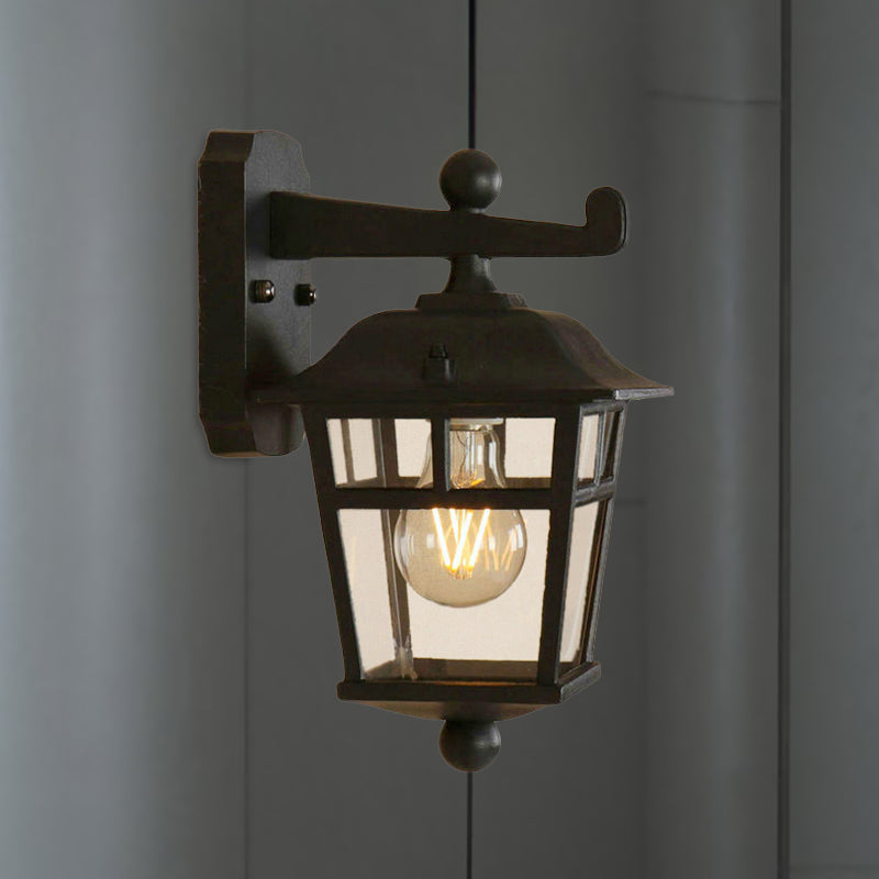 Lantern Clear Glass Wall Hanging Light Industrial Single Bulb Porch Sconce Lamp in Black Clearhalo 'Cast Iron' 'Glass' 'Industrial wall lights' 'Industrial' 'Middle century wall lights' 'Modern' 'Tiffany' 'Traditional wall lights' 'Wall Lamps & Sconces' 'Wall Lights' Lighting' 1416413