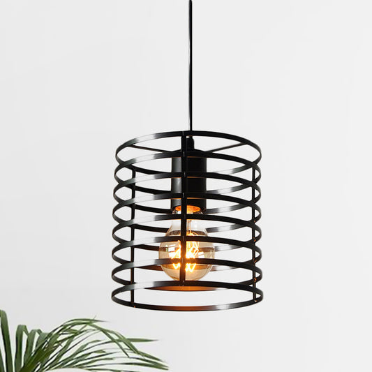 Black/White Cylinder Cage Ceiling Pendant Retro Stylish Metal 1 Bulb Indoor Height Adjustable Hanging Lamp Black Clearhalo 'Art Deco Pendants' 'Black' 'Cast Iron' 'Ceiling Lights' 'Ceramic' 'Crystal' 'Industrial Pendants' 'Industrial' 'Metal' 'Middle Century Pendants' 'Pendant Lights' 'Pendants' 'Rustic Pendants' 'Tiffany' Lighting' 1416426