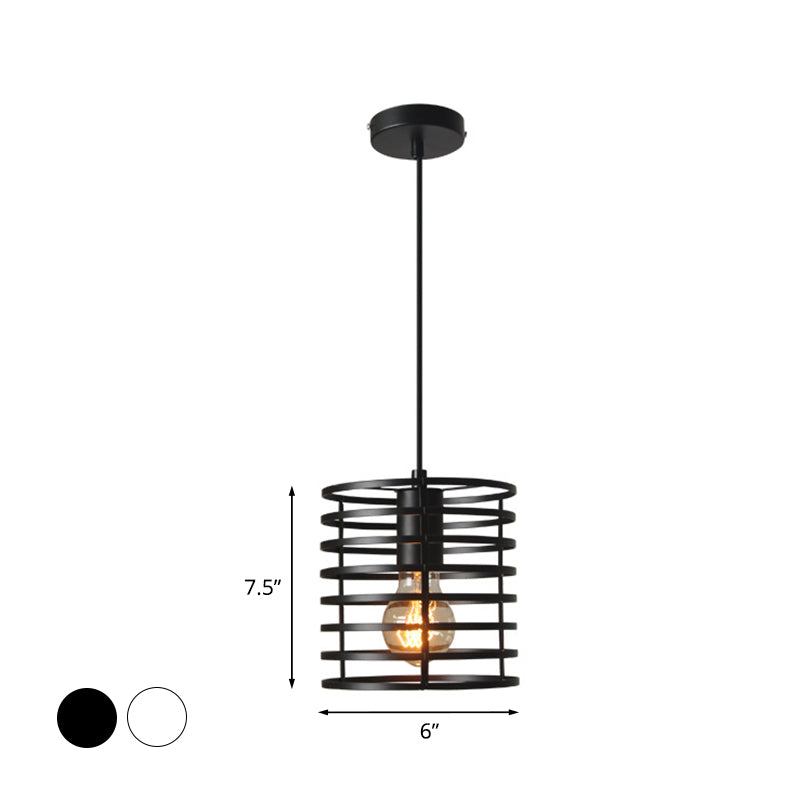 Black/White Cylinder Cage Ceiling Pendant Retro Stylish Metal 1 Bulb Indoor Height Adjustable Hanging Lamp Clearhalo 'Art Deco Pendants' 'Black' 'Cast Iron' 'Ceiling Lights' 'Ceramic' 'Crystal' 'Industrial Pendants' 'Industrial' 'Metal' 'Middle Century Pendants' 'Pendant Lights' 'Pendants' 'Rustic Pendants' 'Tiffany' Lighting' 1416430