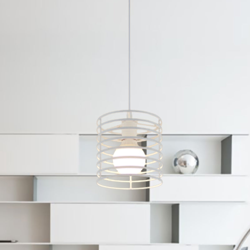 Black/White Cylinder Cage Ceiling Pendant Retro Stylish Metal 1 Bulb Indoor Height Adjustable Hanging Lamp Clearhalo 'Art Deco Pendants' 'Black' 'Cast Iron' 'Ceiling Lights' 'Ceramic' 'Crystal' 'Industrial Pendants' 'Industrial' 'Metal' 'Middle Century Pendants' 'Pendant Lights' 'Pendants' 'Rustic Pendants' 'Tiffany' Lighting' 1416432