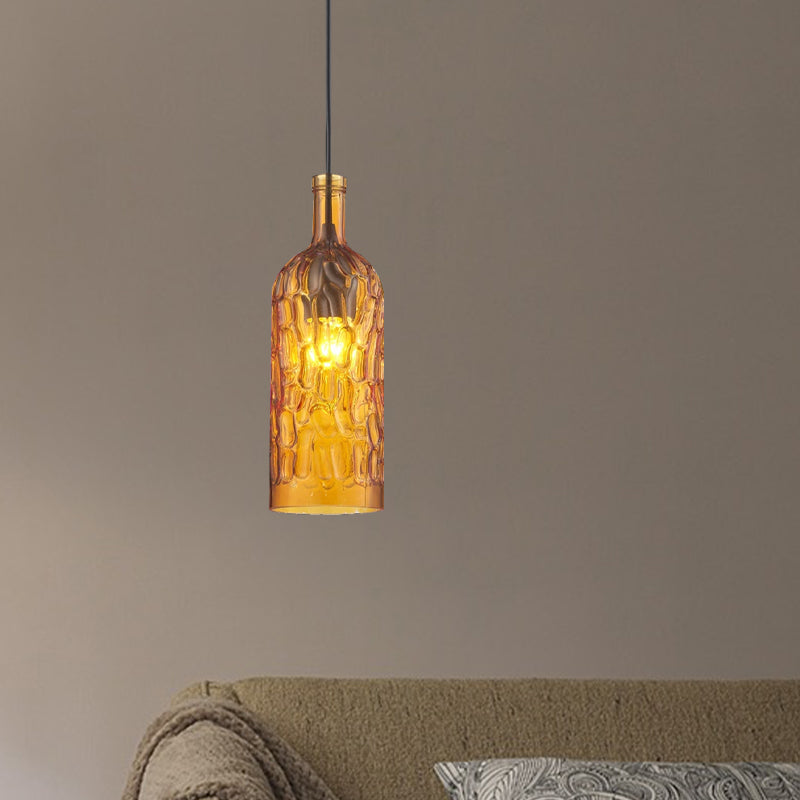 Dimpled Glass Bottle Shade Hanging Fixture Vintage Style 1 Light Living Room Pendant Light in Yellow/Brown Clearhalo 'Ceiling Lights' 'Glass shade' 'Glass' 'Industrial Pendants' 'Industrial' 'Middle Century Pendants' 'Pendant Lights' 'Pendants' 'Tiffany' Lighting' 1416461