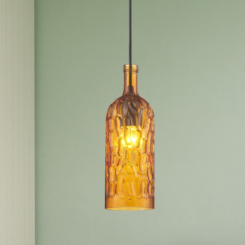 Dimpled Glass Bottle Shade Hanging Fixture Vintage Style 1 Light Living Room Pendant Light in Yellow/Brown Clearhalo 'Ceiling Lights' 'Glass shade' 'Glass' 'Industrial Pendants' 'Industrial' 'Middle Century Pendants' 'Pendant Lights' 'Pendants' 'Tiffany' Lighting' 1416462