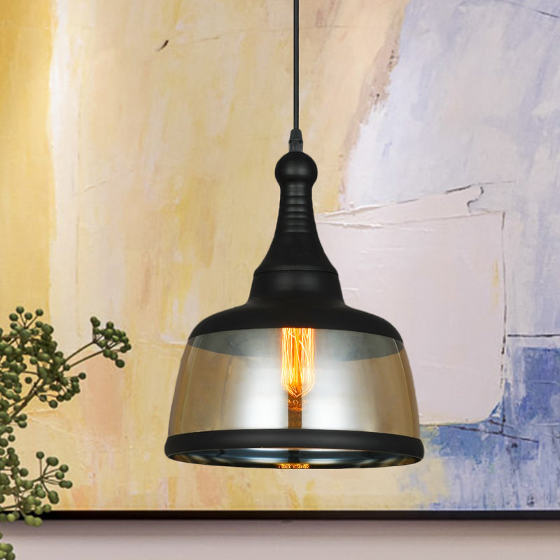 8"/8.5" Wide Cylinder Pendant Lighting Industrial 1 Light Amber Glass Hanging Lamp in Black Clearhalo 'Ceiling Lights' 'Glass shade' 'Glass' 'Industrial Pendants' 'Industrial' 'Middle Century Pendants' 'Pendant Lights' 'Pendants' 'Tiffany' Lighting' 1416465