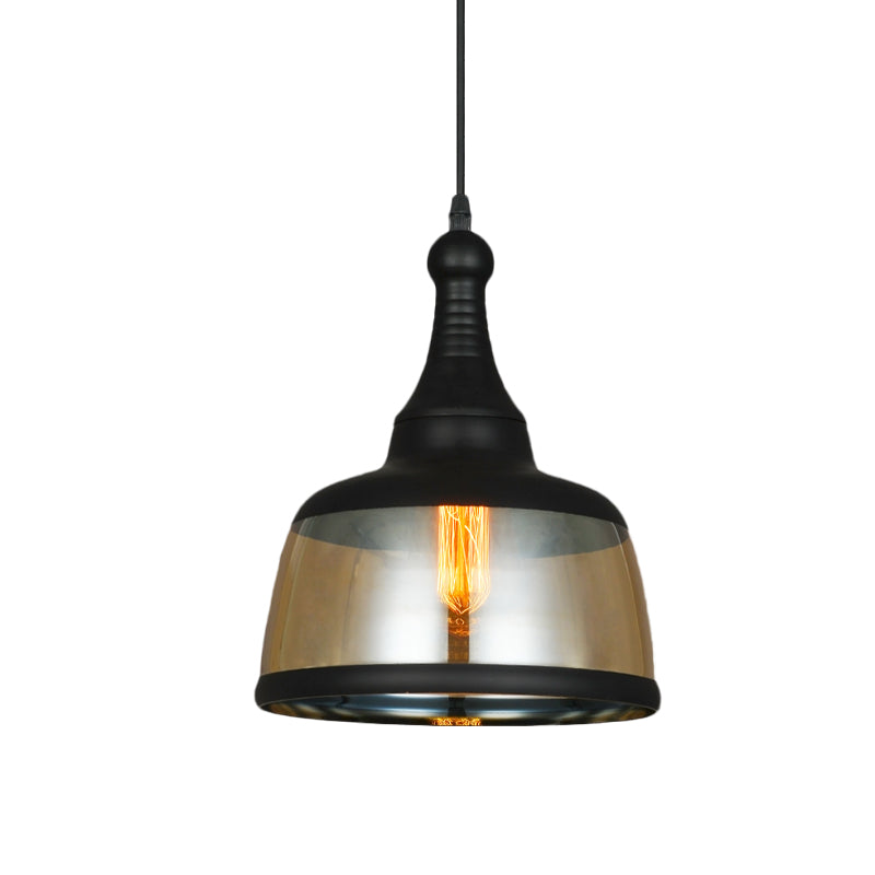 8"/8.5" Wide Cylinder Pendant Lighting Industrial 1 Light Amber Glass Hanging Lamp in Black Clearhalo 'Ceiling Lights' 'Glass shade' 'Glass' 'Industrial Pendants' 'Industrial' 'Middle Century Pendants' 'Pendant Lights' 'Pendants' 'Tiffany' Lighting' 1416467