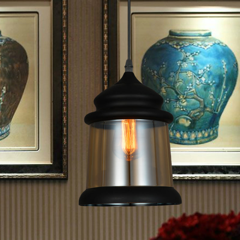 8"/8.5" Wide Cylinder Pendant Lighting Industrial 1 Light Amber Glass Hanging Lamp in Black Clearhalo 'Ceiling Lights' 'Glass shade' 'Glass' 'Industrial Pendants' 'Industrial' 'Middle Century Pendants' 'Pendant Lights' 'Pendants' 'Tiffany' Lighting' 1416470