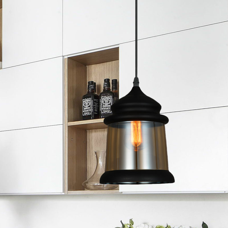 8"/8.5" Wide Cylinder Pendant Lighting Industrial 1 Light Amber Glass Hanging Lamp in Black Clearhalo 'Ceiling Lights' 'Glass shade' 'Glass' 'Industrial Pendants' 'Industrial' 'Middle Century Pendants' 'Pendant Lights' 'Pendants' 'Tiffany' Lighting' 1416471