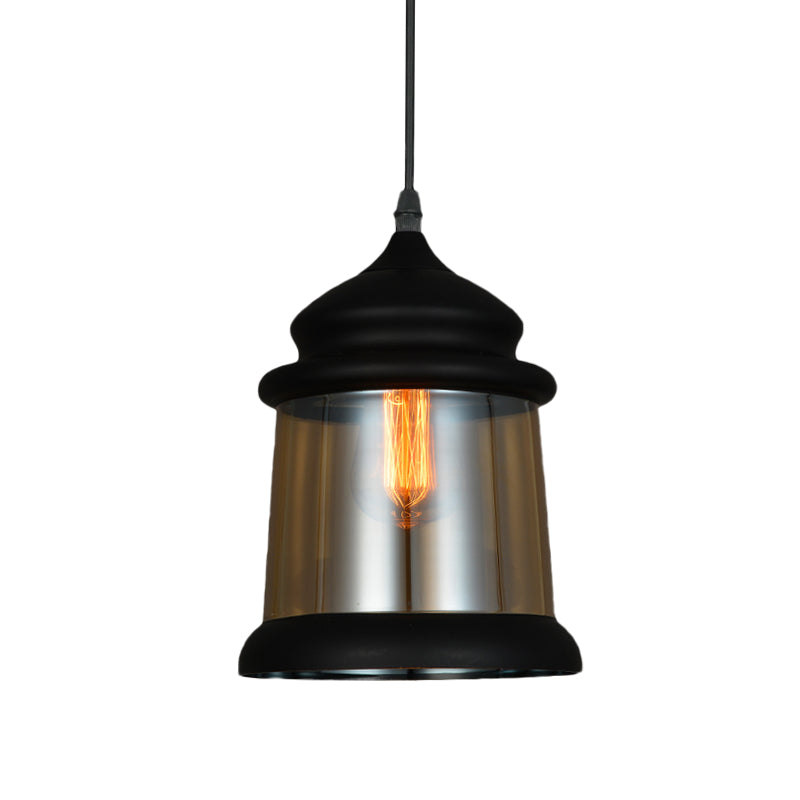 8"/8.5" Wide Cylinder Pendant Lighting Industrial 1 Light Amber Glass Hanging Lamp in Black Clearhalo 'Ceiling Lights' 'Glass shade' 'Glass' 'Industrial Pendants' 'Industrial' 'Middle Century Pendants' 'Pendant Lights' 'Pendants' 'Tiffany' Lighting' 1416472