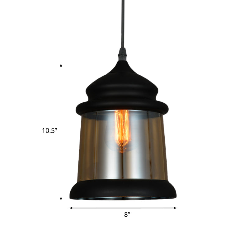 8"/8.5" Wide Cylinder Pendant Lighting Industrial 1 Light Amber Glass Hanging Lamp in Black Clearhalo 'Ceiling Lights' 'Glass shade' 'Glass' 'Industrial Pendants' 'Industrial' 'Middle Century Pendants' 'Pendant Lights' 'Pendants' 'Tiffany' Lighting' 1416473
