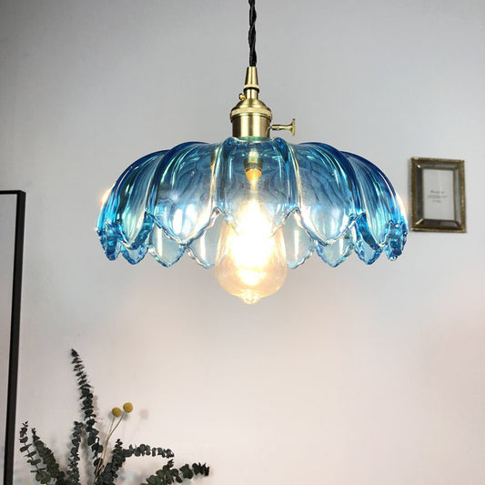 Scalloped Pendant Light Industrial 8"/10"/12" Wide 1 Light Blue Glass Hanging Lamp in Brass with Ribbed Cover Blue Clearhalo 'Ceiling Lights' 'Chandeliers' 'Glass shade' 'Glass' 'Industrial Pendants' 'Industrial' 'Middle Century Pendants' 'Pendant Lights' 'Pendants' 'Tiffany' Lighting' 1416477