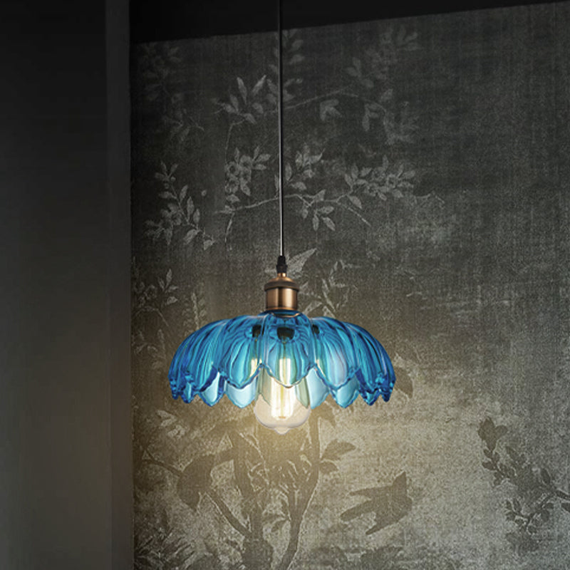 Scalloped Pendant Light Industrial 8"/10"/12" Wide 1 Light Blue Glass Hanging Lamp in Brass with Ribbed Cover Clearhalo 'Ceiling Lights' 'Chandeliers' 'Glass shade' 'Glass' 'Industrial Pendants' 'Industrial' 'Middle Century Pendants' 'Pendant Lights' 'Pendants' 'Tiffany' Lighting' 1416478