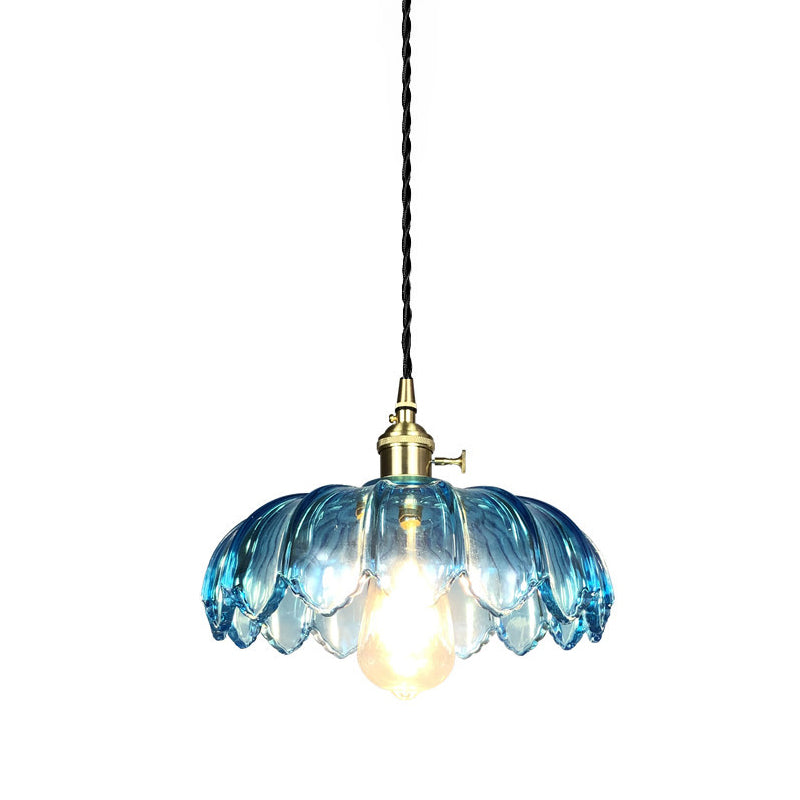 Scalloped Pendant Light Industrial 8"/10"/12" Wide 1 Light Blue Glass Hanging Lamp in Brass with Ribbed Cover Clearhalo 'Ceiling Lights' 'Chandeliers' 'Glass shade' 'Glass' 'Industrial Pendants' 'Industrial' 'Middle Century Pendants' 'Pendant Lights' 'Pendants' 'Tiffany' Lighting' 1416479