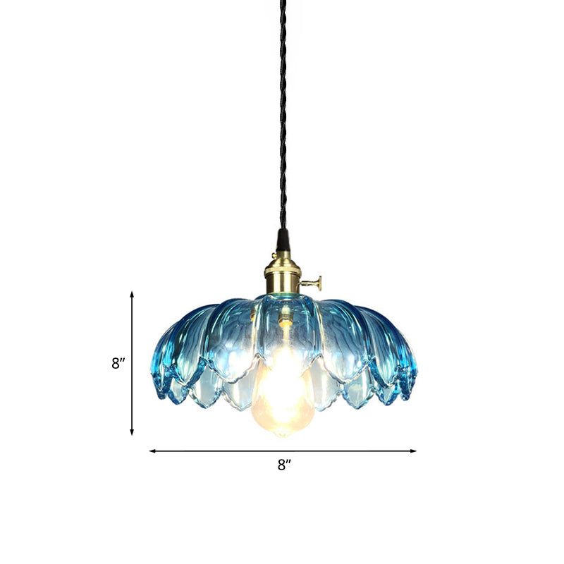 Scalloped Pendant Light Industrial 8"/10"/12" Wide 1 Light Blue Glass Hanging Lamp in Brass with Ribbed Cover Clearhalo 'Ceiling Lights' 'Chandeliers' 'Glass shade' 'Glass' 'Industrial Pendants' 'Industrial' 'Middle Century Pendants' 'Pendant Lights' 'Pendants' 'Tiffany' Lighting' 1416480