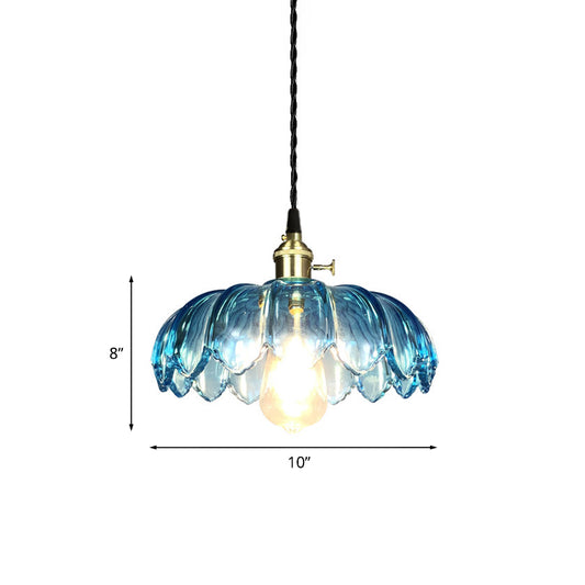 Scalloped Pendant Light Industrial 8"/10"/12" Wide 1 Light Blue Glass Hanging Lamp in Brass with Ribbed Cover Clearhalo 'Ceiling Lights' 'Chandeliers' 'Glass shade' 'Glass' 'Industrial Pendants' 'Industrial' 'Middle Century Pendants' 'Pendant Lights' 'Pendants' 'Tiffany' Lighting' 1416481