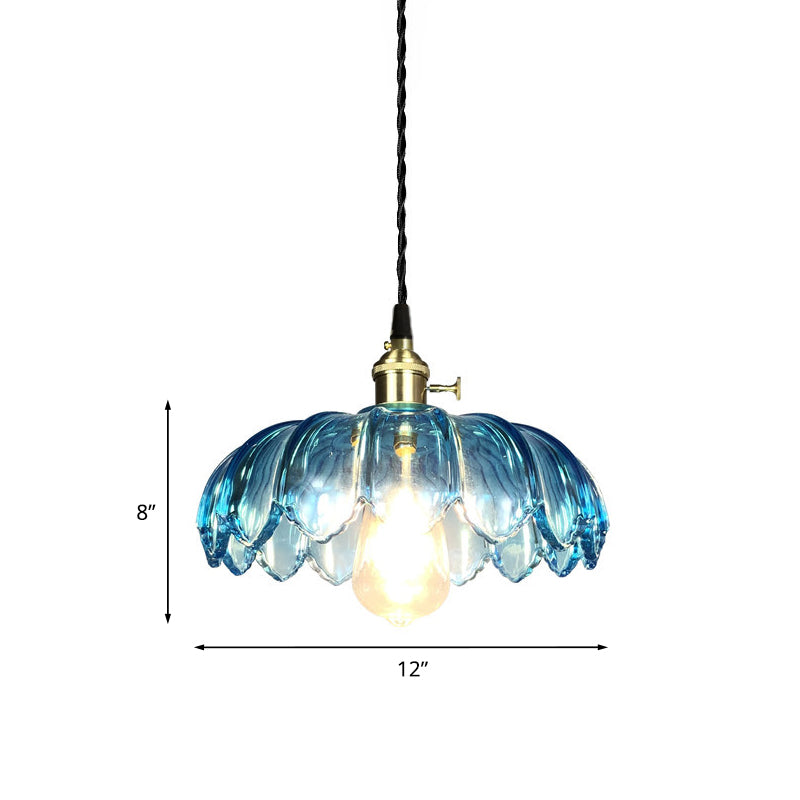 Scalloped Pendant Light Industrial 8"/10"/12" Wide 1 Light Blue Glass Hanging Lamp in Brass with Ribbed Cover Clearhalo 'Ceiling Lights' 'Chandeliers' 'Glass shade' 'Glass' 'Industrial Pendants' 'Industrial' 'Middle Century Pendants' 'Pendant Lights' 'Pendants' 'Tiffany' Lighting' 1416482